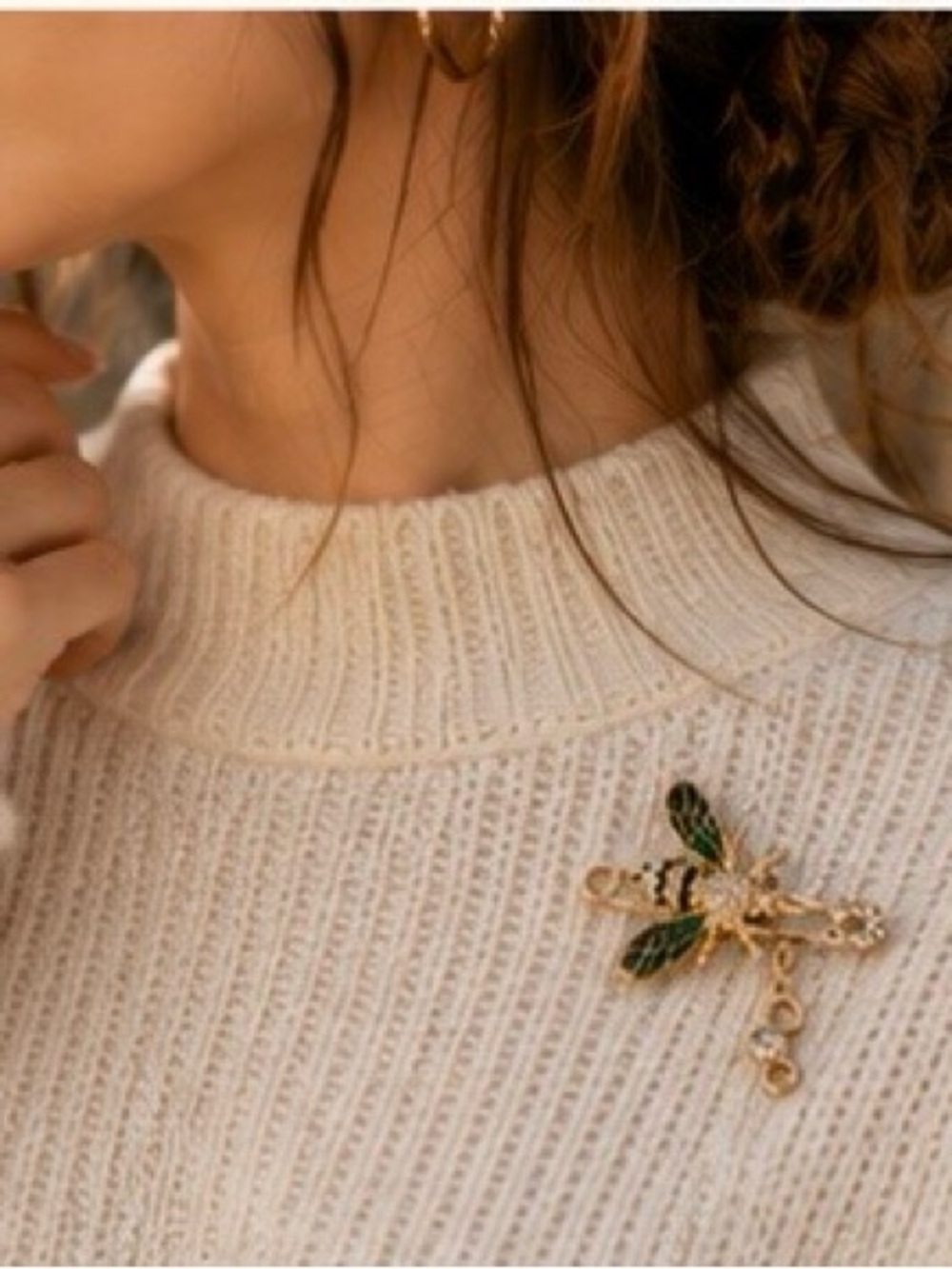 Gold Bee Brooch with Green Enamel Wings - Women Jewelry